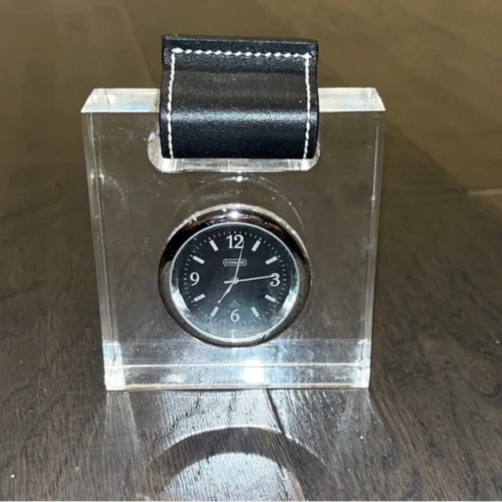 Coach New York Paperweight Desk Clock leather used lucite